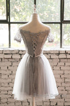 Grey Lace Tulle Short Sleeves Homecoming Dresses Prom Dresses Light Grey Prom Dress