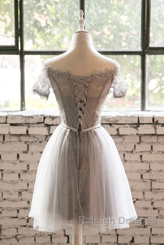 Grey Lace Tulle Short Sleeves Homecoming Dresses Prom Dresses Light Grey Prom Dress
