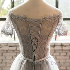 Grey Lace Tulle Short Sleeves Homecoming Dresses Prom Dresses Light Grey Prom Dress
