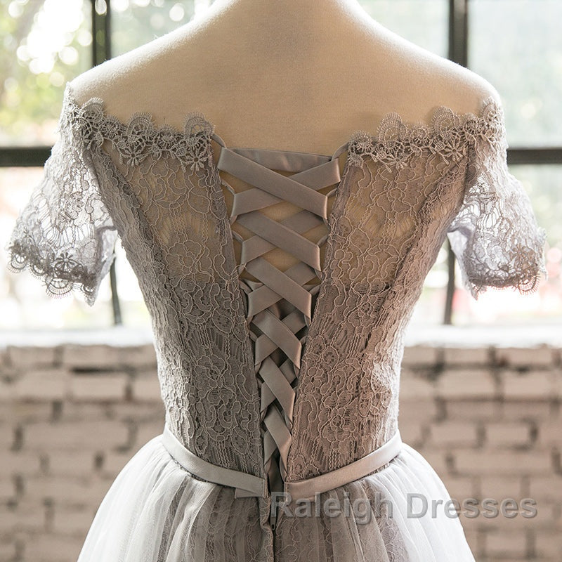 Grey Lace Tulle Short Sleeves Homecoming Dresses Prom Dresses Light Grey Prom Dress