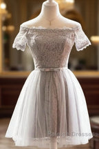Grey Lace Tulle Short Sleeves Homecoming Dresses Prom Dresses Light Grey Prom Dress