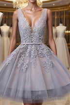 Grey Lace-up Tulle Short Homecoming Dress with Lace Appliques