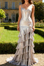 Grey Mermaid Beaded Corset Tiered Pleated Long Prom Dress with Slit