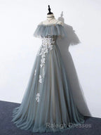 Grey Off Shoulder Straps Tulle With Lace Long Prom Dresses Grey Prom Dresses