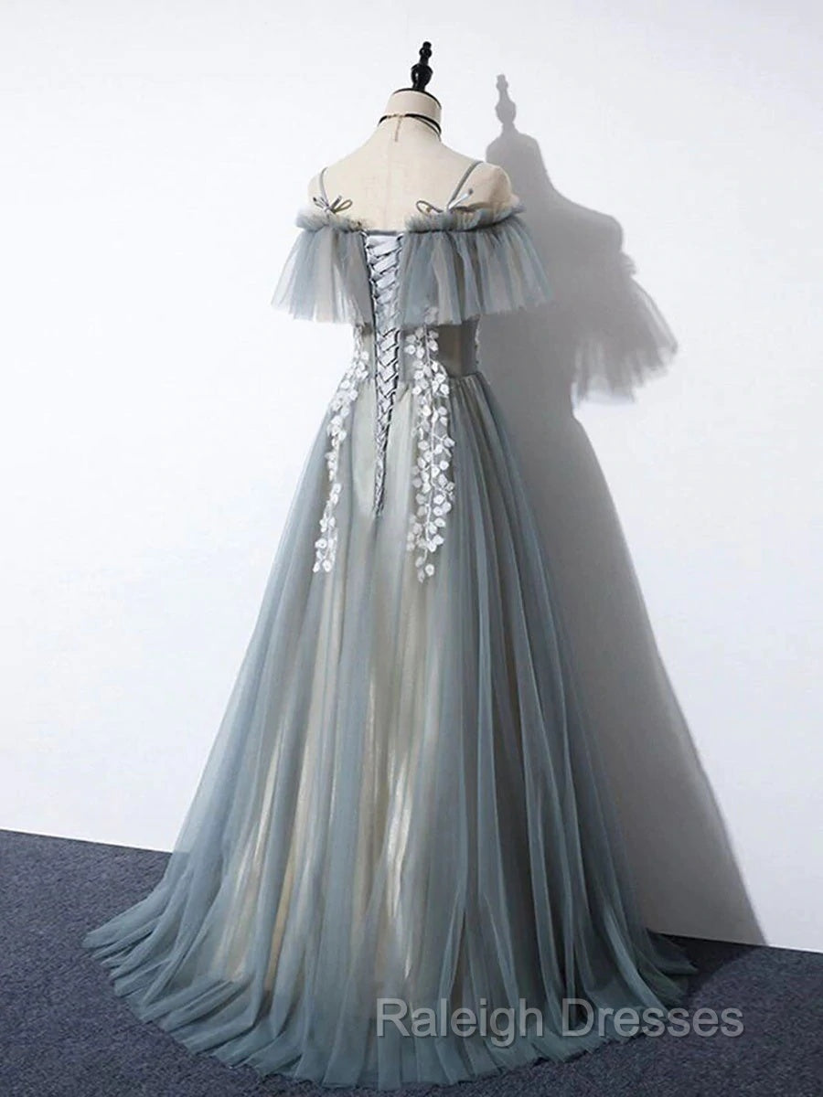 Grey Off Shoulder Straps Tulle With Lace Long Prom Dresses Grey Prom Dresses