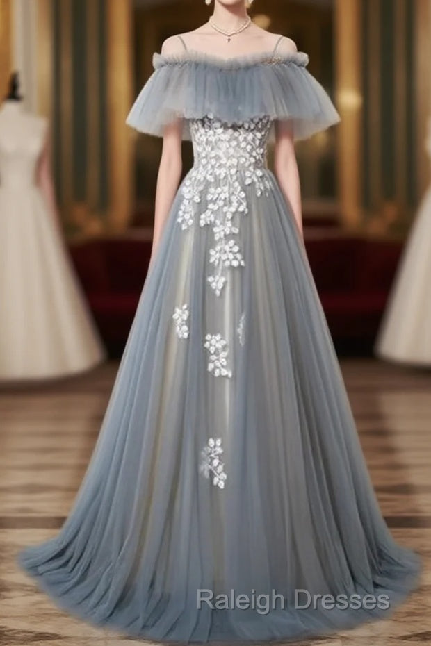 Grey Off Shoulder Straps Tulle With Lace Long Prom Dresses Grey Prom Dresses Main image