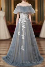 Grey Off Shoulder Straps Tulle With Lace Long Prom Dresses Grey Prom Dresses