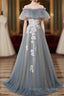 Grey Off Shoulder Straps Tulle With Lace Long Prom Dresses Grey Prom Dresses