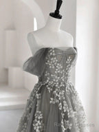 Grey Off Shoulder Tulle with Lace Applique Long Prom Dress,Grey Prom Dress