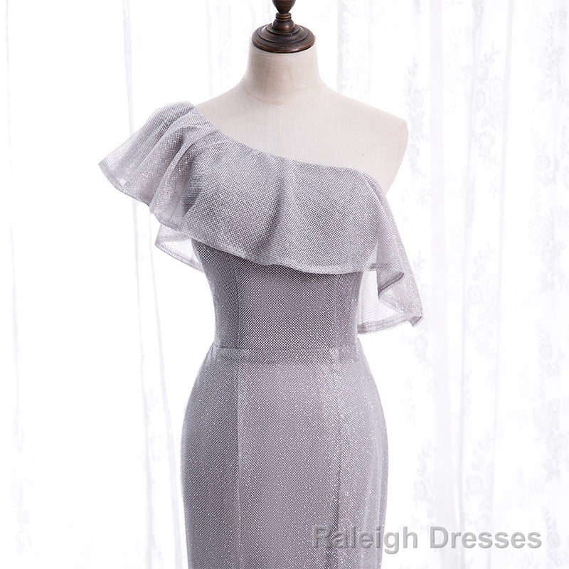 Grey One Shoulder Lace-up Shiny Long Prom Dress Party Dress, Grey Long Evening Dresses