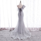 Grey One Shoulder Lace-up Shiny Long Prom Dress Party Dress, Grey Long Evening Dresses