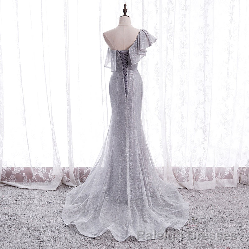 Grey One Shoulder Lace-up Shiny Long Prom Dress Party Dress, Grey Long Evening Dresses