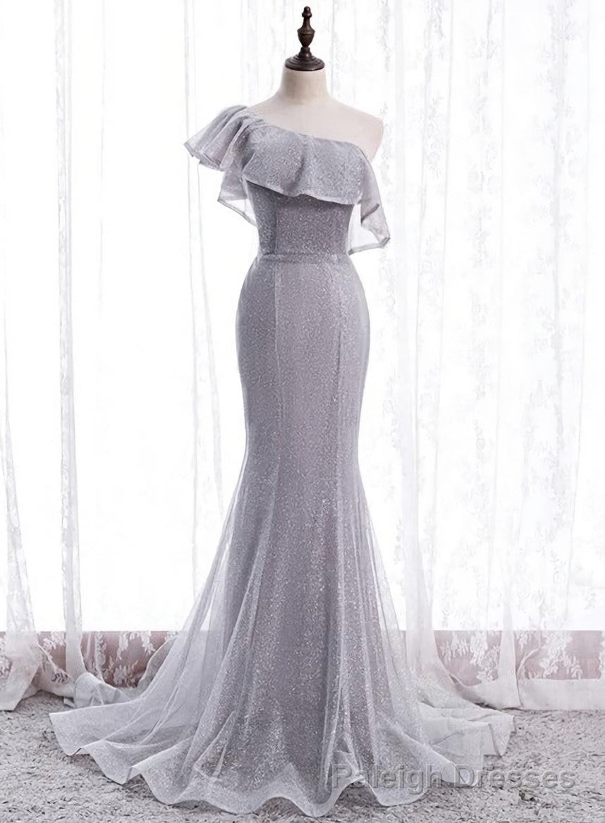 Grey One Shoulder Lace-up Shiny Long Prom Dress Party Dress, Grey Long Evening Dresses