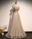 Grey One Shoulder Pearls Tulle Long Evening Dress, Light Grey Party Dress Formal Dress
