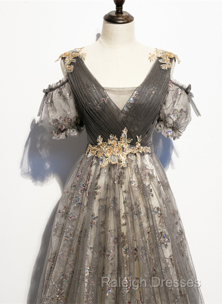 Grey Purple V-Neckline Tulle With Lace Prom Dress, Off Shoulder A-Line Party Dress Secondary image