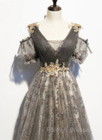 Grey Purple V-Neckline Tulle With Lace Prom Dress, Off Shoulder A-Line Party Dress