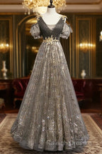 Grey Purple V-Neckline Tulle With Lace Prom Dress, Off Shoulder A-Line Party Dress