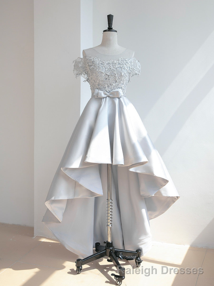 Grey Satin with Lace Off Shoulder High Low Homecoming Dress, Grey Prom Dress