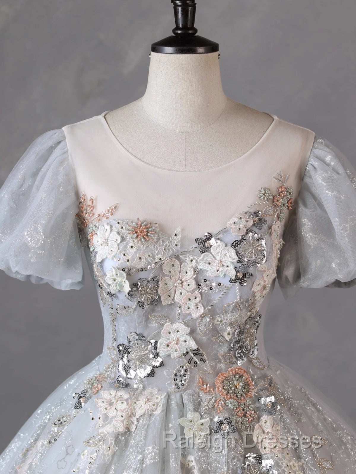 Grey Short Sleeves Tulle Ball Gown Prom Dress, Grey Ball Gown Sweet 16 Dress Secondary image