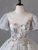 Grey Short Sleeves Tulle Ball Gown Prom Dresses Grey Ball Gown Sweet 16 Dresses