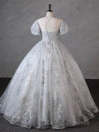 Grey Short Sleeves Tulle Ball Gown Prom Dresses Grey Ball Gown Sweet 16 Dresses