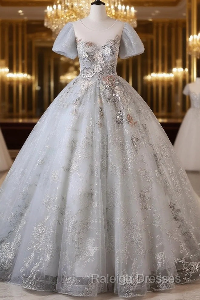 Grey Short Sleeves Tulle Ball Gown Prom Dress, Grey Ball Gown Sweet 16 Dress Main image