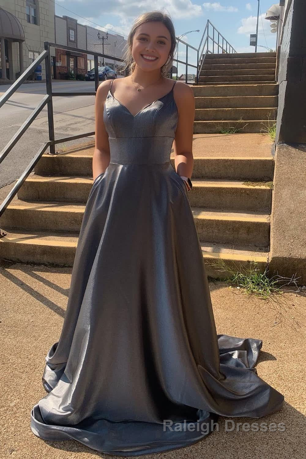 Grey Spaghetti Straps Backless Long Prom Dress with Pockets Main image
