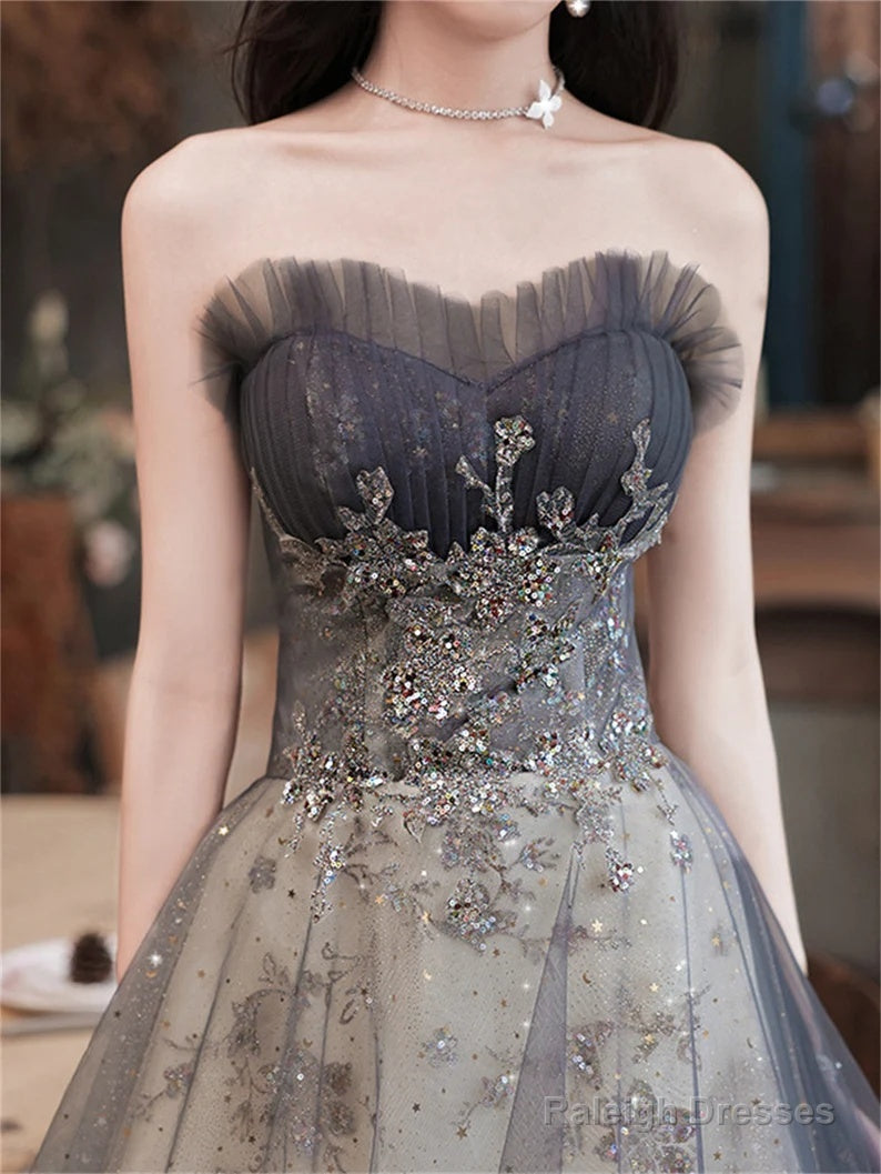 Grey Sweetheart A-Line Tulle With Lace Applique Party Dress, Grey Long Formal Dress