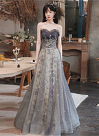 Grey Sweetheart A-Line Tulle With Lace Applique Prom Dresses Grey Long Prom Dresses