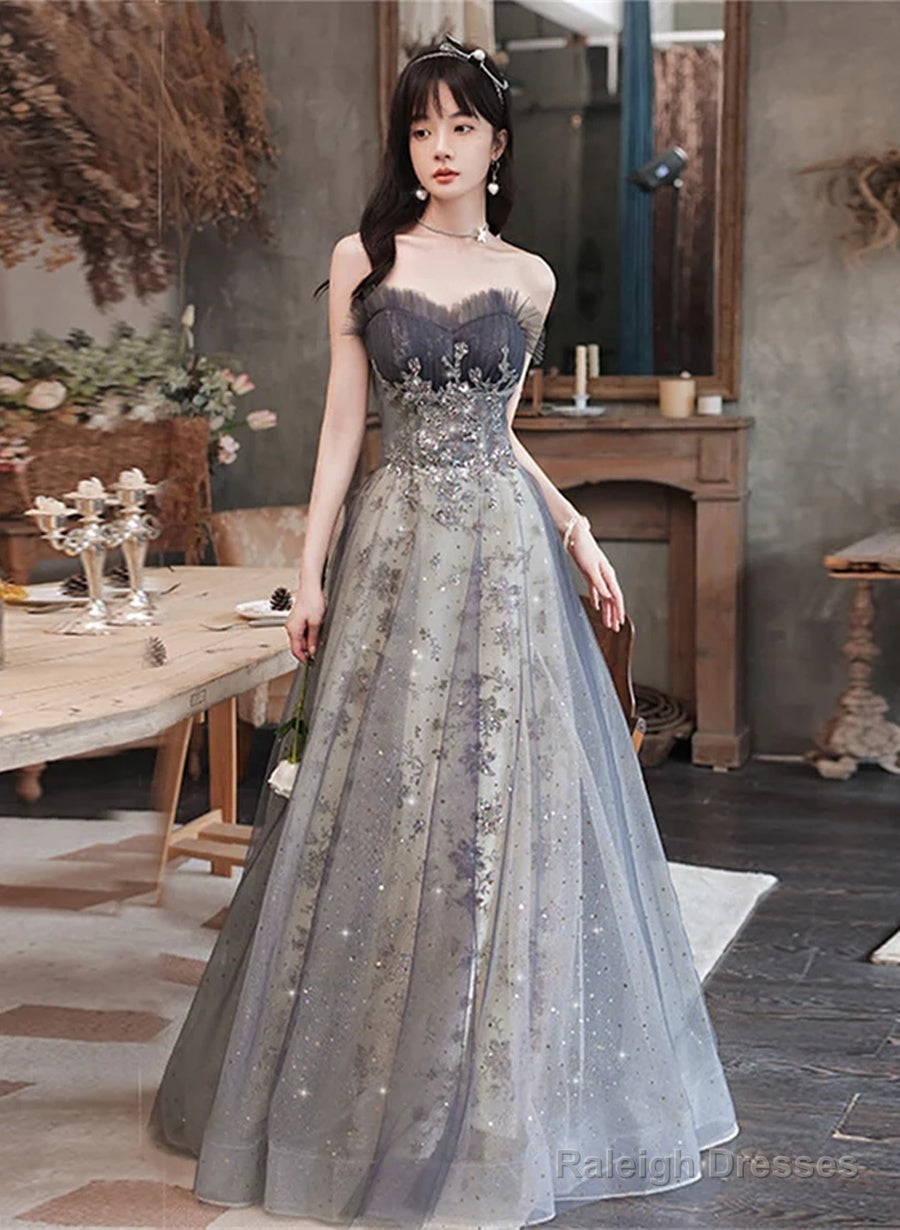 Grey Sweetheart A-Line Tulle With Lace Applique Party Dress, Grey Long Formal Dress Main image