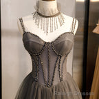 Grey Sweetheart Beaded Straps Long Tulle Prom Dress, Grey A-line Formal Dress Evening Dress