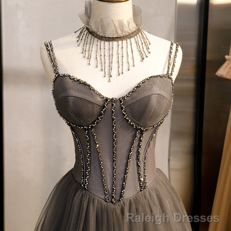 Grey Sweetheart Beaded Straps Long Tulle Prom Dress, Grey A-line Formal Dress Evening Dress