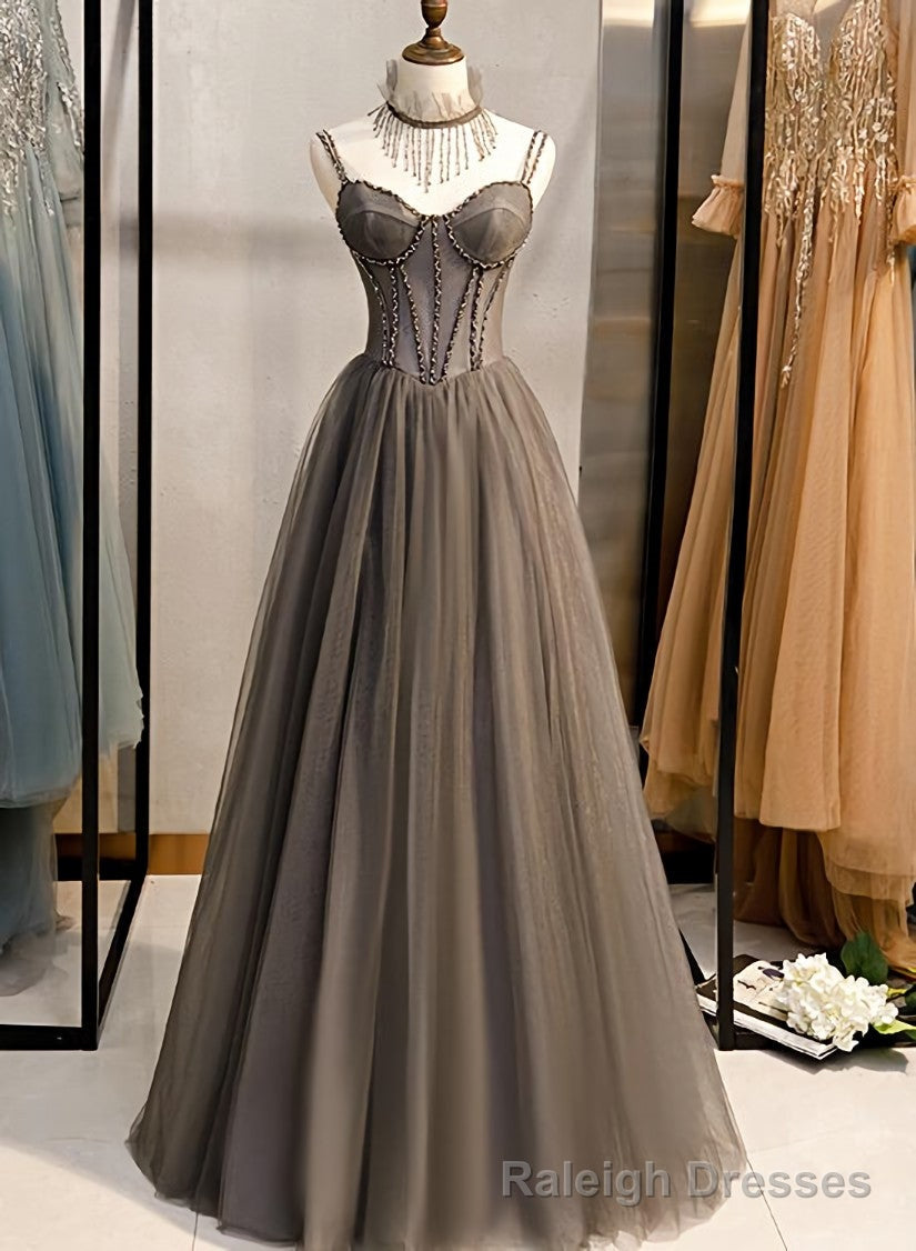 Grey Sweetheart Beaded Straps Long Tulle Prom Dress, Grey A Line Formal Dress Prom Dress