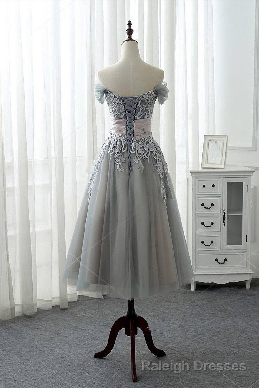 Grey Tea Length Formal Dress with Lace, Grey Bridesmaid Dress Main image