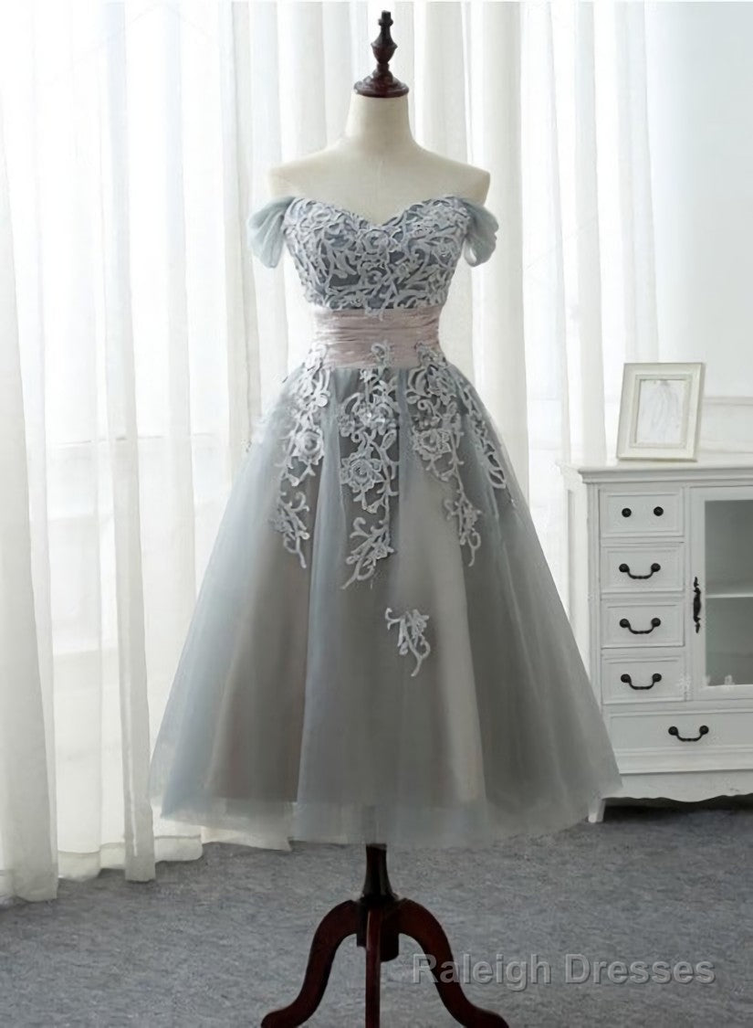 Grey Tea Length Formal Dress with Lace, Grey Bridesmaid Dress Secondary image