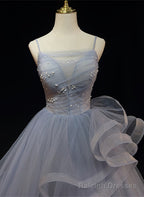 Grey Tulle Straps Layers Long Prom Dress, Grey Ball Gowns Formal Dress