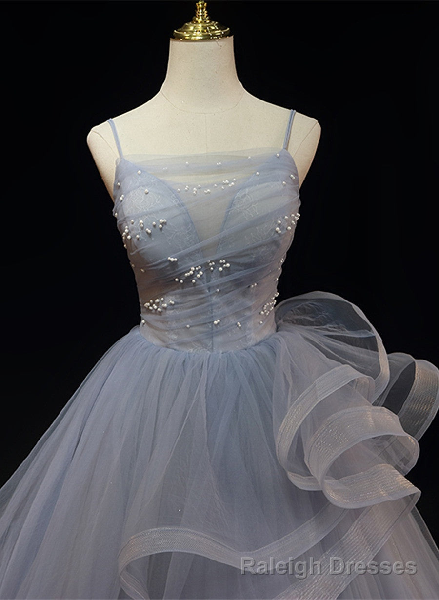 Grey Tulle Straps Layers Long Prom Dress, Grey Ball Gowns Formal Dress