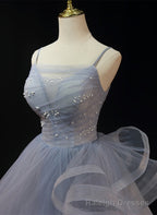 Grey Tulle Straps Layers Long Prom Dress, Grey Ball Gowns Formal Dress