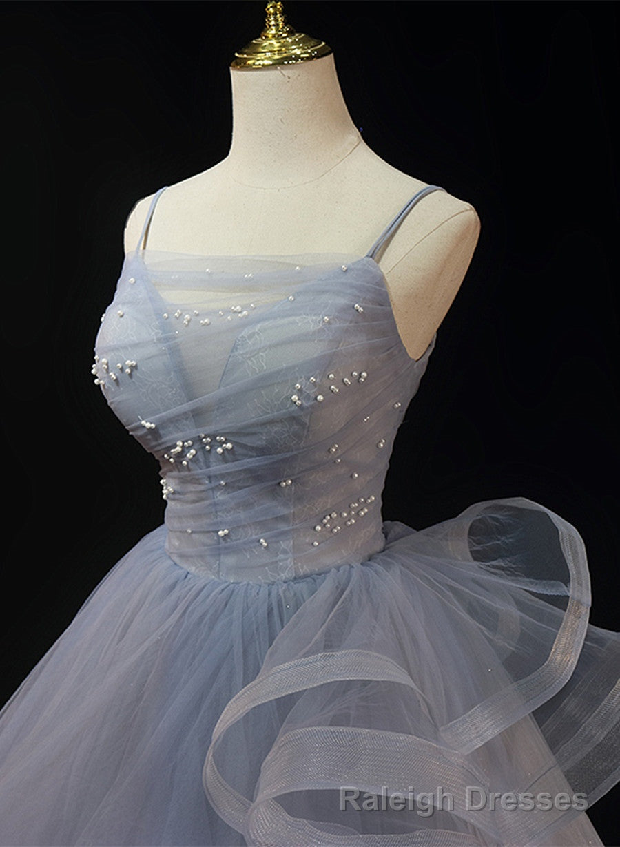 Grey Tulle Straps Layers Long Prom Dress, Grey Ball Gowns Formal Dress