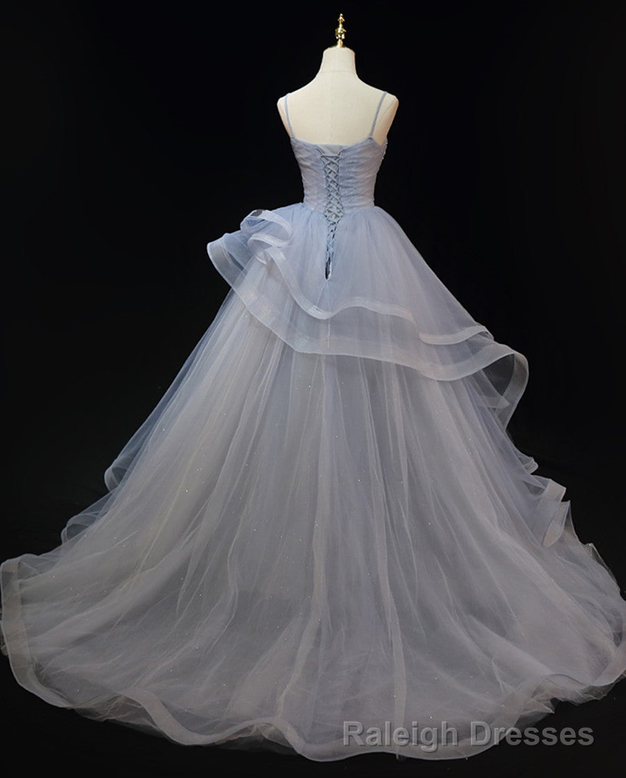 Grey Tulle Straps Layers Long Prom Dress, Grey Ball Gowns Formal Dress Secondary image