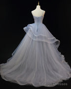 Grey Tulle Straps Layers Long Prom Dress, Grey Ball Gowns Formal Dress