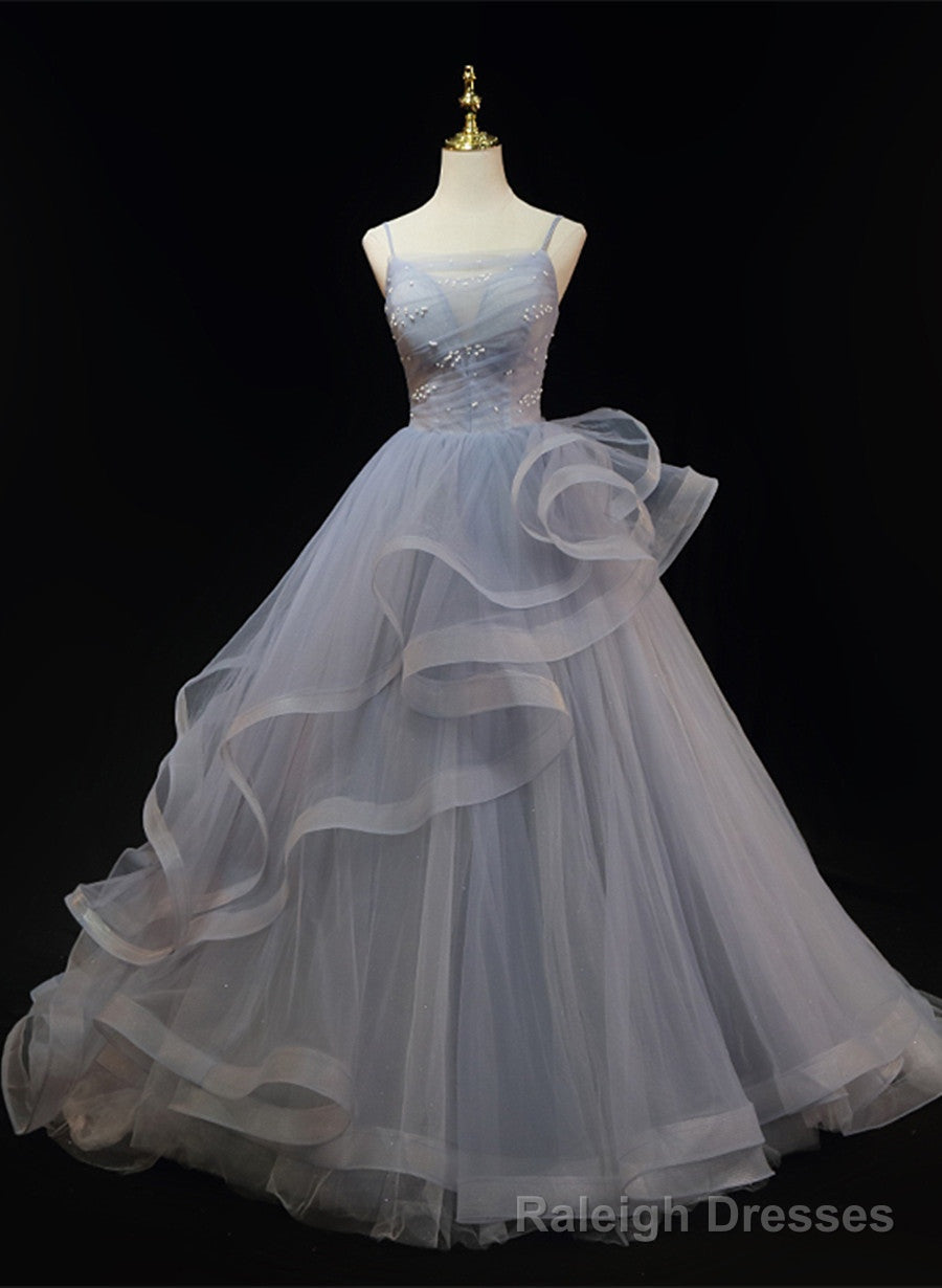 Grey Tulle Straps Layers Long Prom Dress Party Dress, Grey Ball Gown Formal Dress Main image
