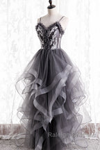 Grey Tulle Sweetheart Long Prom Dresses With Lace Applique Grey Long Prom Dresses