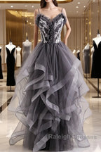 Grey Tulle Sweetheart Long Party Dress With Lace Applique, Grey Long Prom Dress