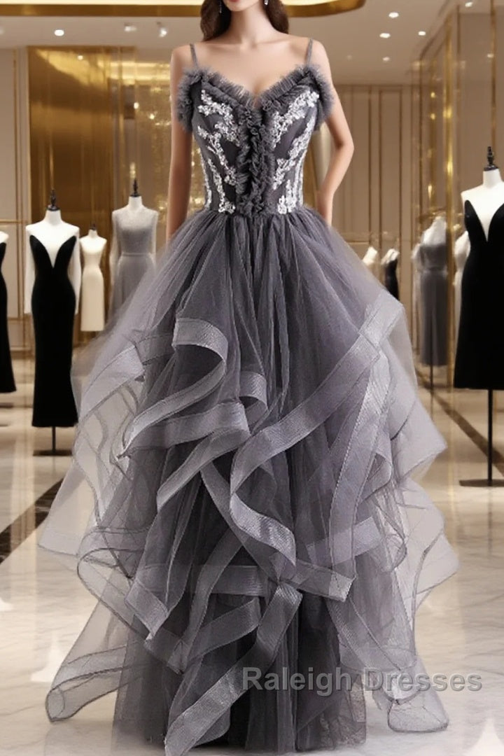 Grey Tulle Sweetheart Long Prom Dresses With Lace Applique Grey Long Prom Dresses Main image