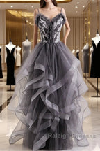 Grey Tulle Sweetheart Long Prom Dresses With Lace Applique Grey Long Prom Dresses