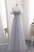 Grey Tulle With Lovely Lace Applique Wedding Party Dress, Grey Tulle A-Line Prom Dress Formal Dress
