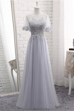Grey Tulle With Lovely Lace Applique Wedding Prom Dresses Grey Tulle A-Line Prom Dresseses