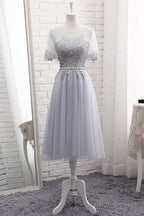 Grey Tulle With Lovely Lace Applique Wedding Party Dress, Grey Tulle A-Line Prom Dress Formal Dress