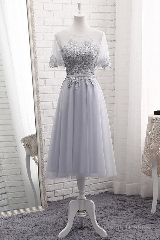 Grey Tulle With Lovely Lace Applique Wedding Party Dress, Grey Tulle A-Line Prom Dress Formal Dress